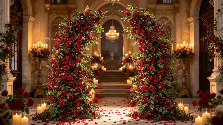 Deep Red Rose Crescent Flower Arch at Classic Vintage Wedding Ceremony