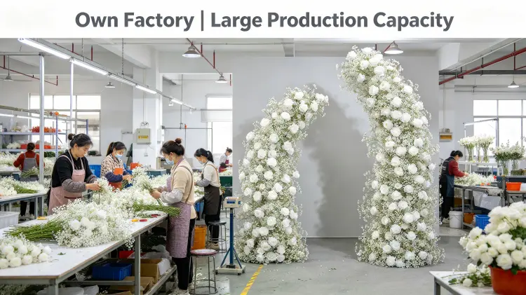 Factory Workers Hand-Tying Baby's Breath Crescent Arch Shake Test Production