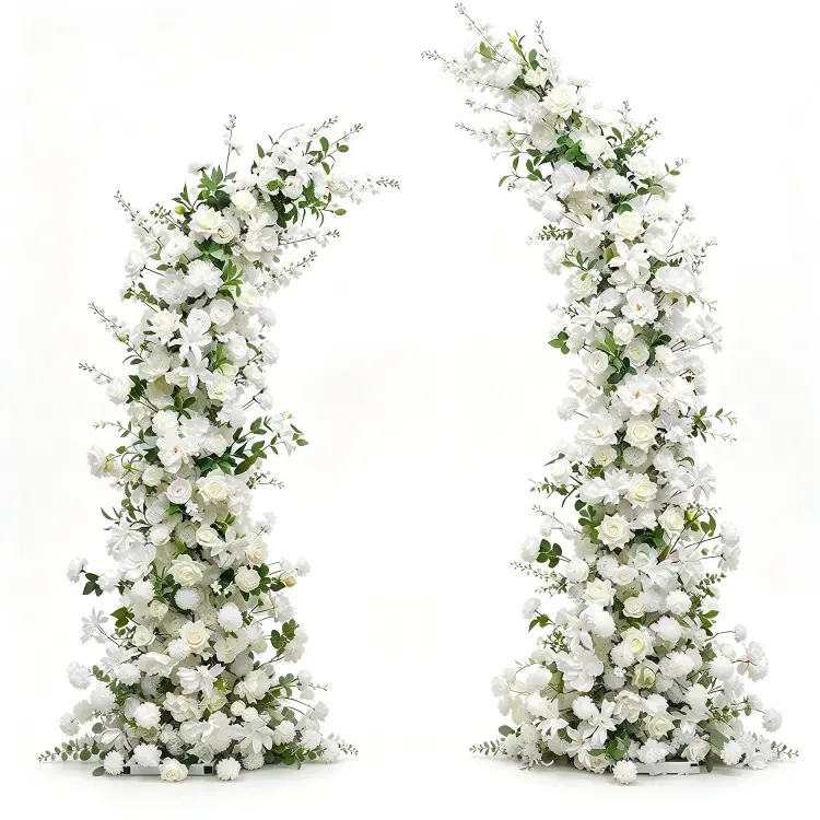 White Peony Crescent Moon Gate Arch Front View Full Asymmetric Shape with Greenery