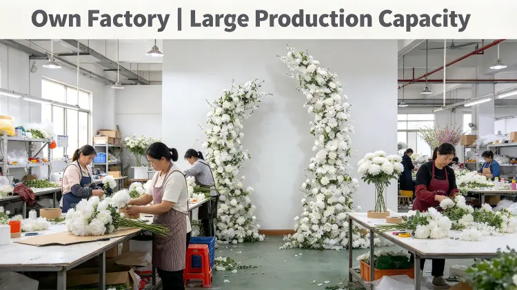 Factory Workers Hand-Tying Peony Crescent Arch Cardboard Collar Wire Support Production