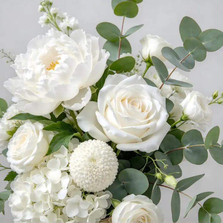 Close-up Detail of White Peony Rose Hydrangea Crescent Arch with Cardboard Collar
