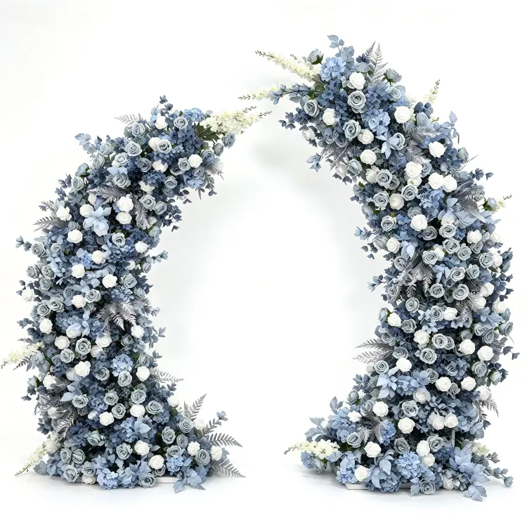 Dusty Blue Crescent Moon Gate Arch Front View Full Asymmetric Shape with Silver Fern