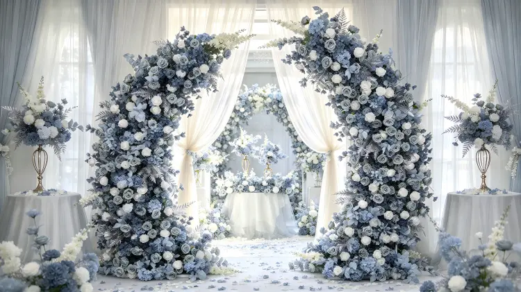 Dusty Blue Crescent Flower Arch at Dreamy Elegant Wedding Ceremony