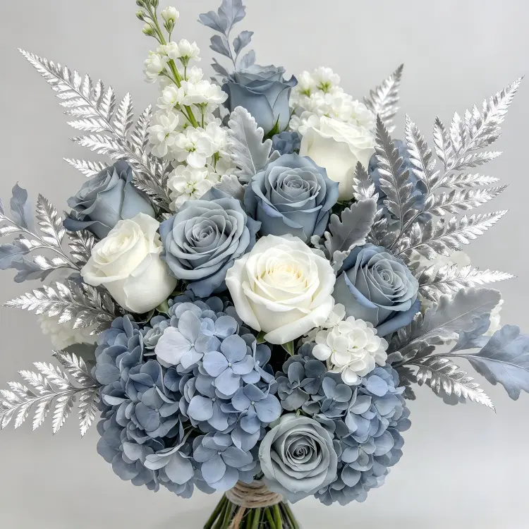 Close-up Detail of Dusty Blue Rose Hydrangea Crescent Arch with Silver Fern