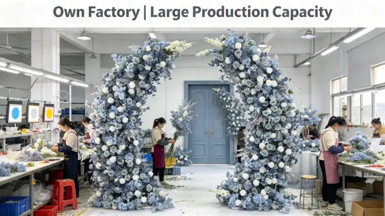 Factory Workers Hand-Tying Dusty Blue Crescent Arch Three-Light Color Test Silver Fern