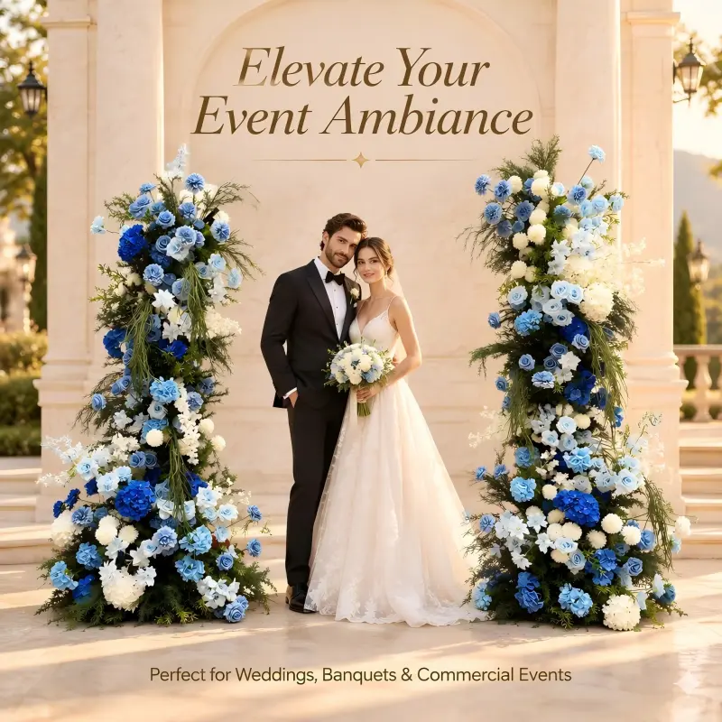 Blue Hydrangea Crescent Arch – Moon Gate Wedding Arch