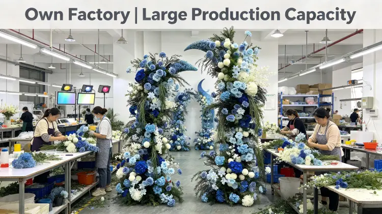 Factory Workers Hand-Tying Blue Hydrangea Crescent Arch Humidity Test Ping Pong Sphere