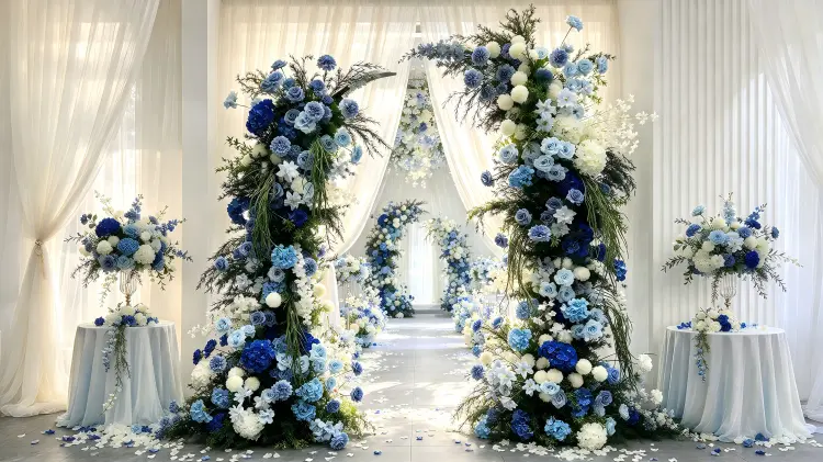 Blue Hydrangea Crescent Flower Arch at Dramatic Garden Wedding Ceremony