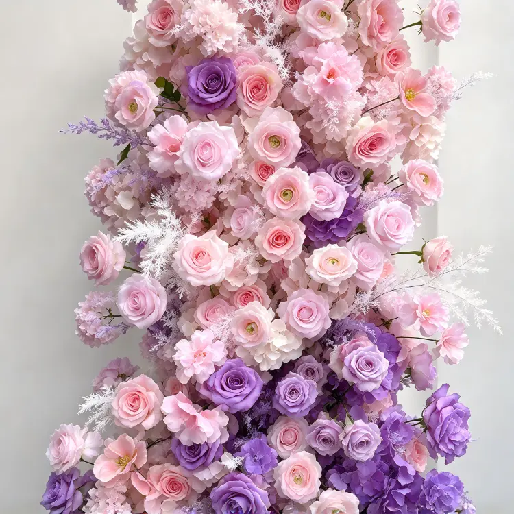 Close-up Detail of Pink Purple Ombre Rose Hydrangea Crescent Arch with White Pampas Grass