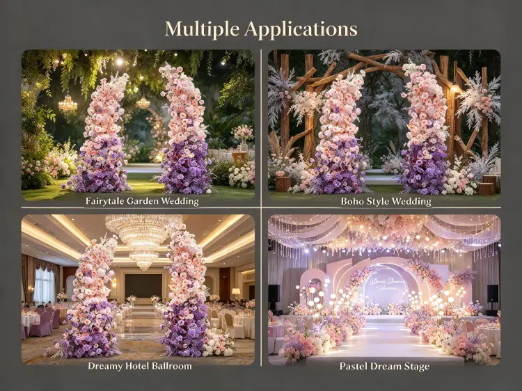 Pink Purple Ombre Crescent Arch in Fairytale Boho Garden Hotel Ballroom and Pastel Dream Wedding Settings