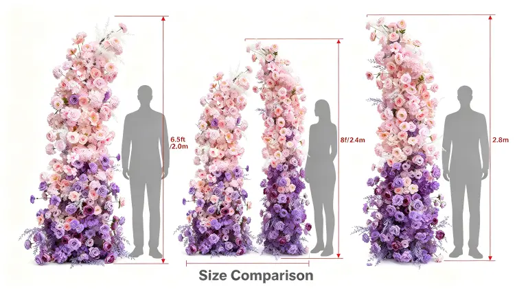 Pink Purple Ombre Crescent Arch Size Comparison 2.0m 2.4m 2.8m with Person Gradient Sections