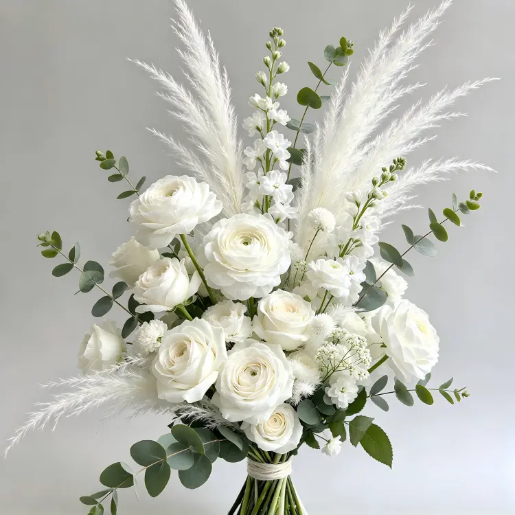 Close-up Detail of White Rose Hydrangea Delphinium Ping Pong Chrysanthemum Crescent Arch