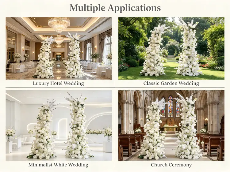 All White Delphinium Crescent Arch in Luxury Hotel Classic Garden Ballroom and Minimalist Wedding Settings