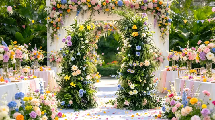 Colorful Mixed Purple Yellow Blue Flower Crescent Arch at Joyful Celebration Wedding Party