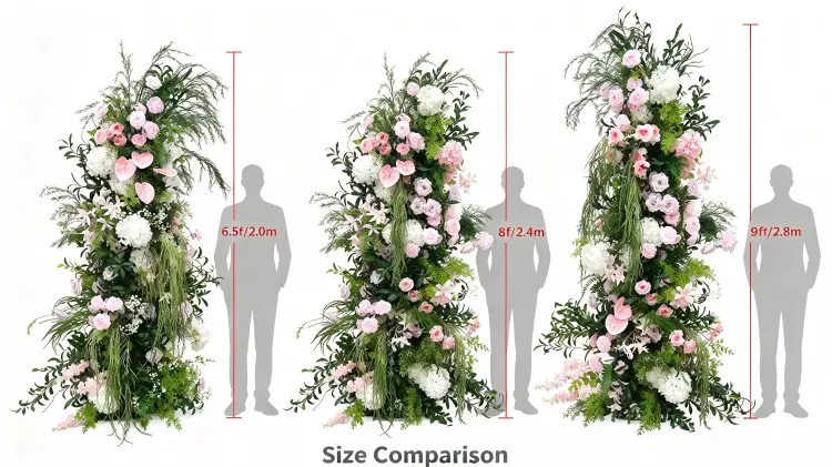 Pink Anthurium Crescent Arch Size Comparison 2.0m 2.4m 2.8m with Person Trailing Greenery