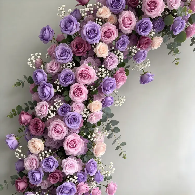 Close-up Detail of Purple Pink Draped Crescent Arch Waterfall Cascades Baby Breath Skeleton