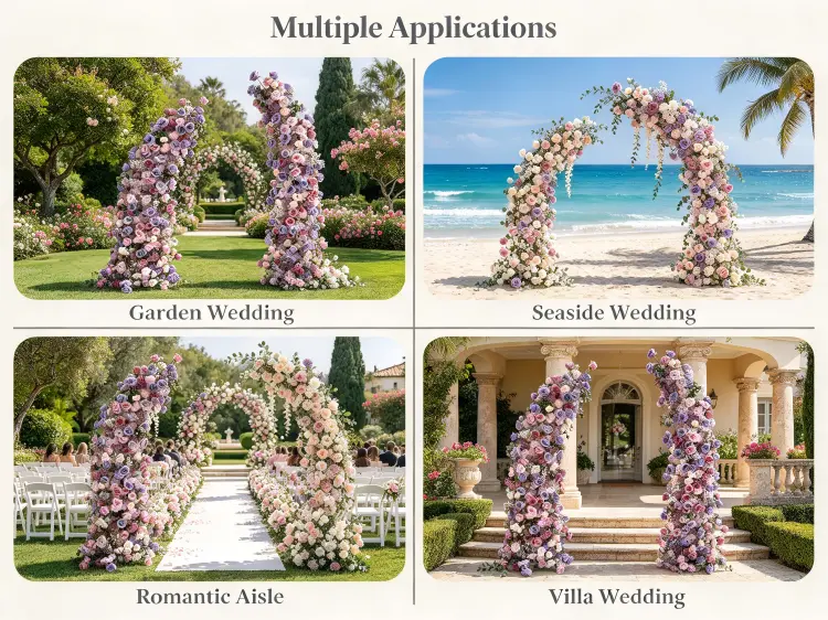 Purple Pink Draped Crescent Arch in Garden Wedding Seaside Ceremony Romantic Aisle Settings