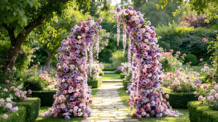 Purple Pink Draped Crescent Arch Waterfall Flowers at Garden Wedding Ceremony