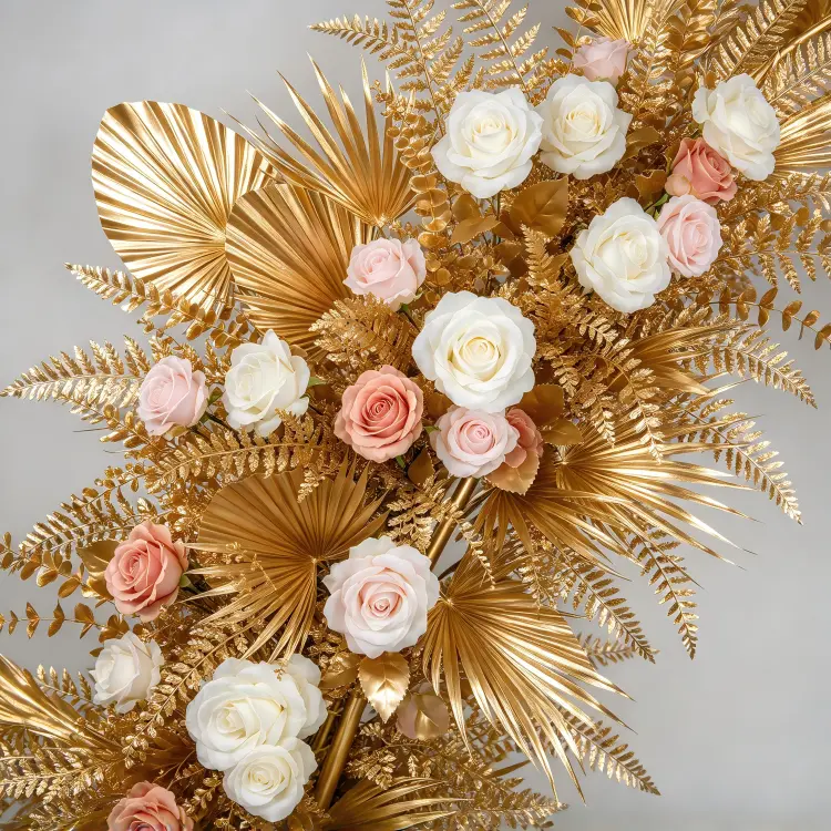 Close-up Gold Leaf Detail Matte Gold Texture White Pink Roses Old Money Gold Check