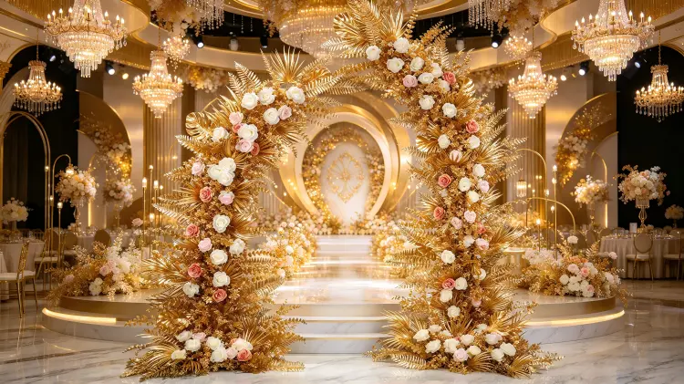 Gold Leaf Crescent Arch White Pink Roses at Luxury Gold Theme Wedding Ceremony