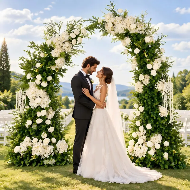 Green Foliage Crescent Arch – White Rose Moon Gate Arch