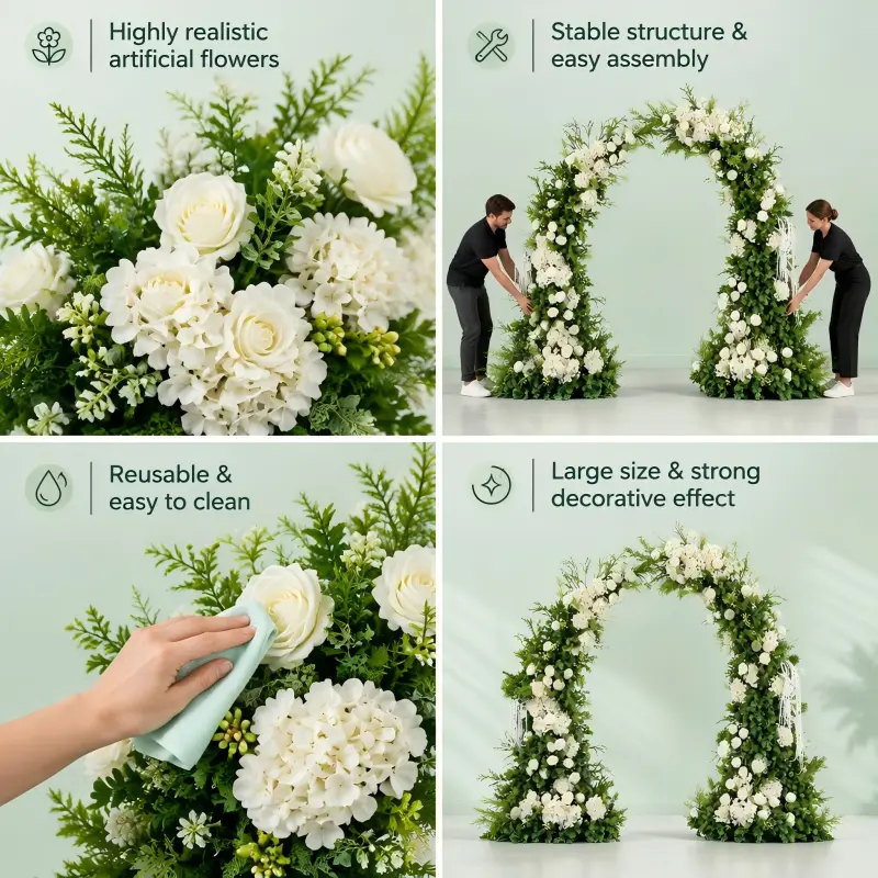 Green Foliage Crescent Arch – White Rose Moon Gate Arch
