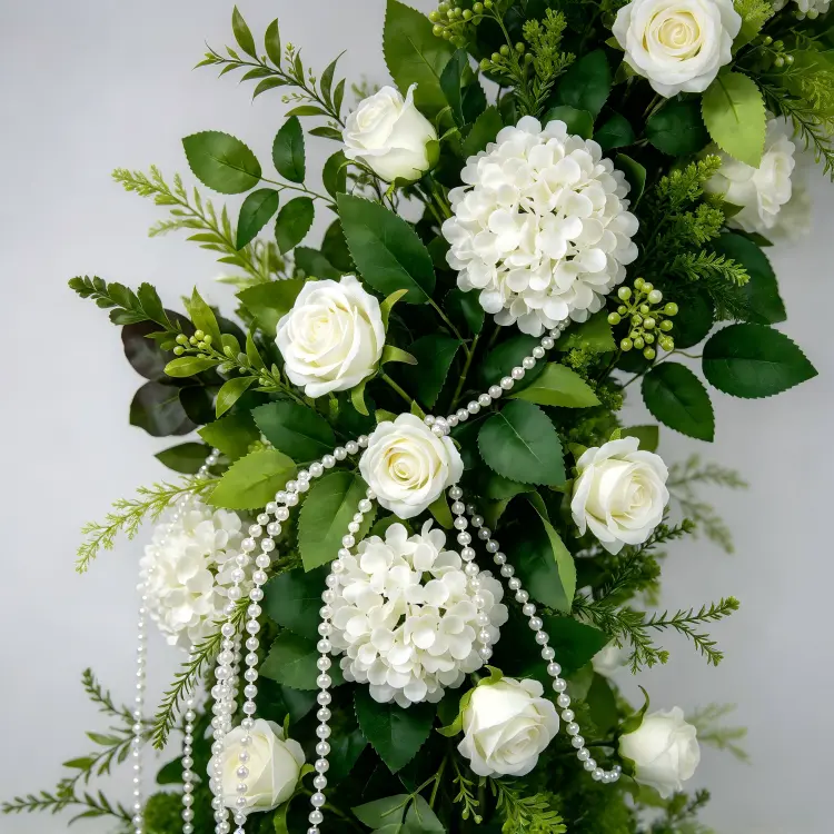 Close-up Green Foliage White Roses Hydrangeas Pearl Bead Chain Detail Fresh Green