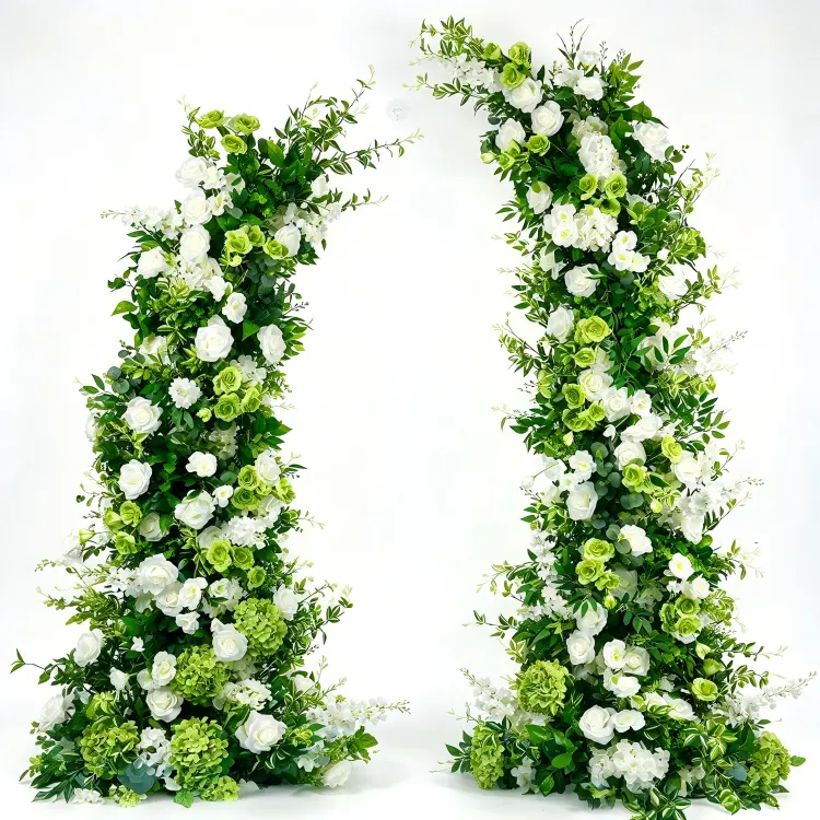 Green Hydrangea Crescent Moon Gate Arch Front View Full Foliage White Roses Apple Green Hydrangeas