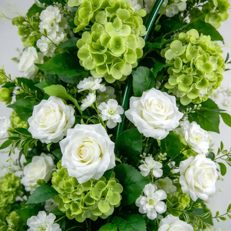 Close-up Green Hydrangea Apple Green Tone White Roses Foliage Layering Petal Detail