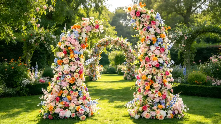 Colorful Floral Pillar Set Garden Party Wedding Two Flower Pillars Framing Ceremony Aisle