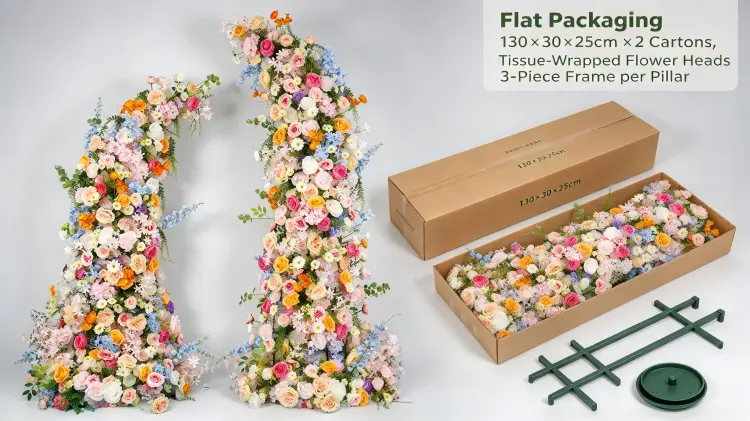 Colorful Floral Pillar Set Flat Packaging Two Cartons Tissue Wrapped Flower Heads Disassembled