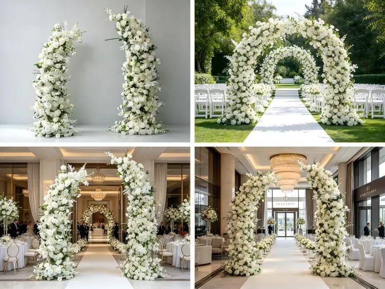 White Rose Floral Pillars in Minimalist Wedding Ceremony Aisle Banquet Hotel Brand Event Applications