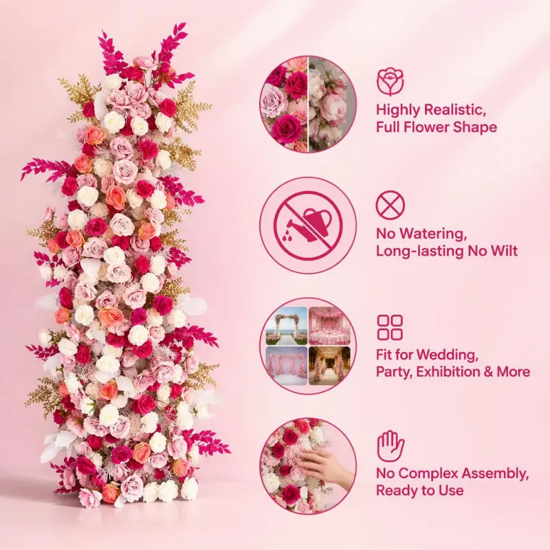 Blush Rose Floral Pillar Set – Champagne Gold Accent Flower Pillars