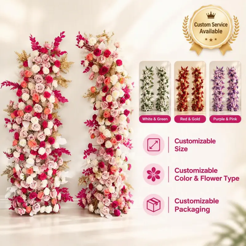 Blush Rose Floral Pillar Set – Champagne Gold Accent Flower Pillars