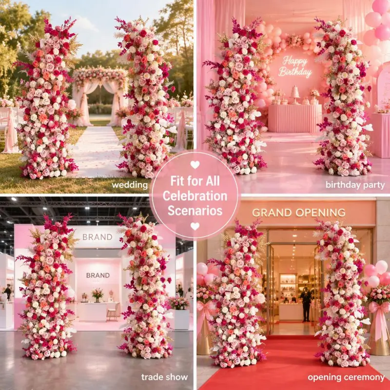 Blush Rose Floral Pillar Set – Champagne Gold Accent Flower Pillars