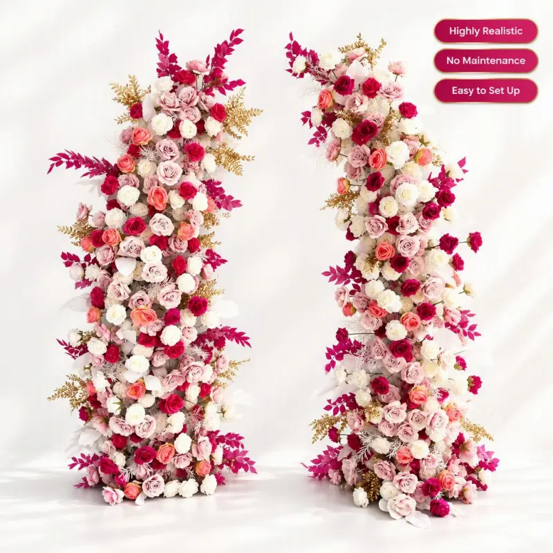 Blush Rose Floral Pillar Set – Champagne Gold Accent Flower Pillars