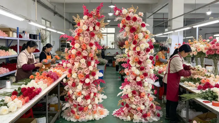Factory Workers Blush Rose Floral Pillar Color-step Check Gold Restraint Check Spread Check Assembly Line