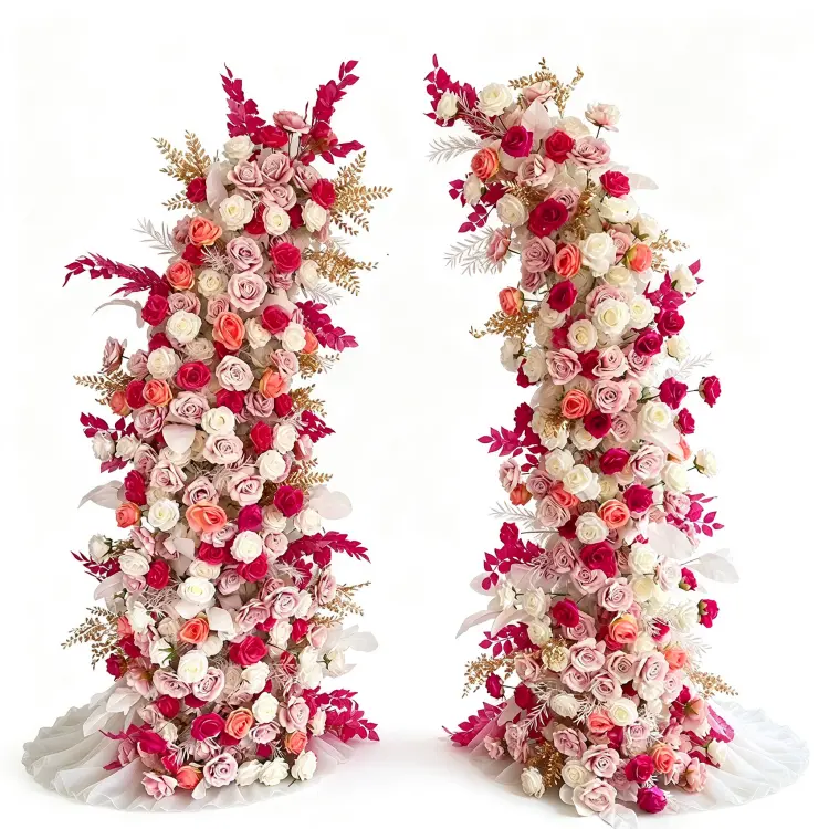 Blush Rose Floral Pillar Set Front View White Background Two Cascading Pillars Gown Swept Bases Gold Accents