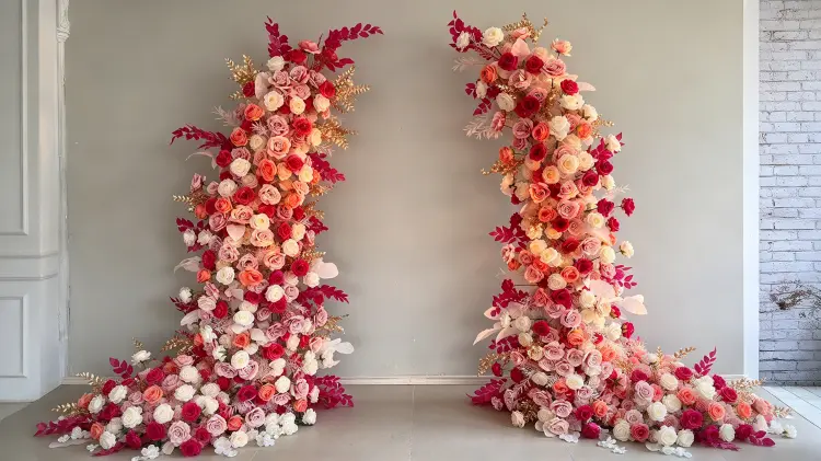 Blush Rose Floral Pillar Set Champagne Gold Accent Wedding Flower Columns Warm Romantic Ceremony