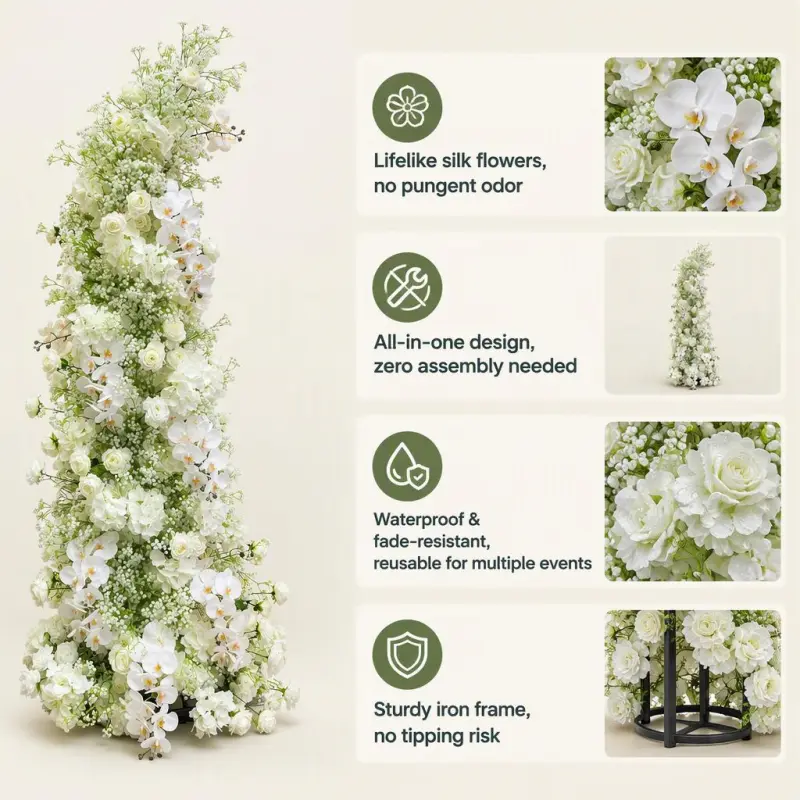 White Phalaenopsis Orchid Crescent Arch – White Rose Baby's Breath Moon Gate