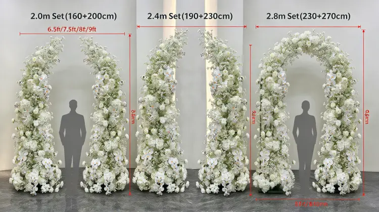 White Phalaenopsis Orchid Crescent Arch Size Comparison 2.0m 2.4m 2.8m with Person Density
