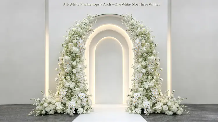 White Phalaenopsis Orchid Crescent Arch White Roses Baby's Breath Elegant Wedding Ceremony