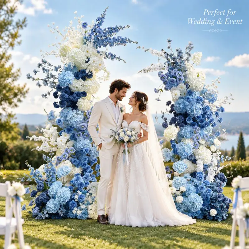 Dusty Blue and White Crescent Arch – Navy Rose Moon Gate Arch