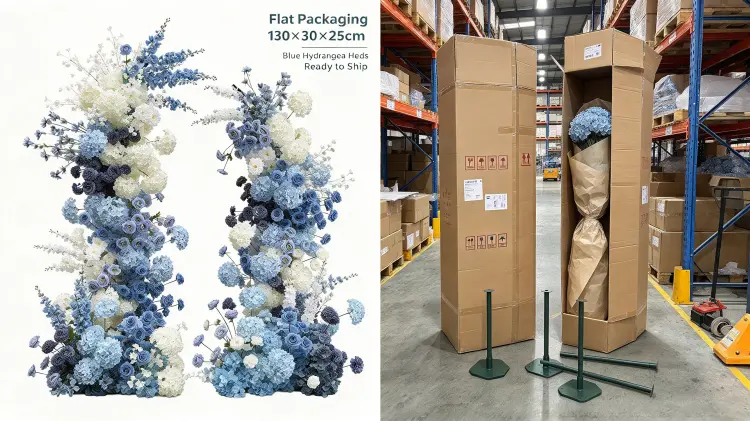 Blue White Crescent Arch Flat Packaging Tissue Wrapped Hydrangea Heads Carton Disassembled