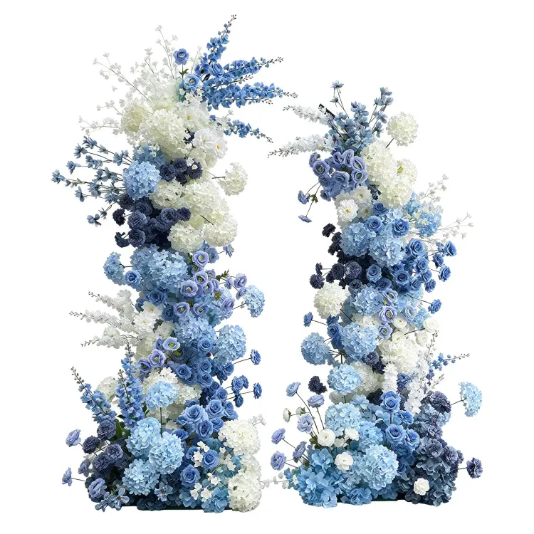 Dusty Blue and White Crescent Moon Gate Arch Front View Blue Hydrangea Navy Roses Elegant