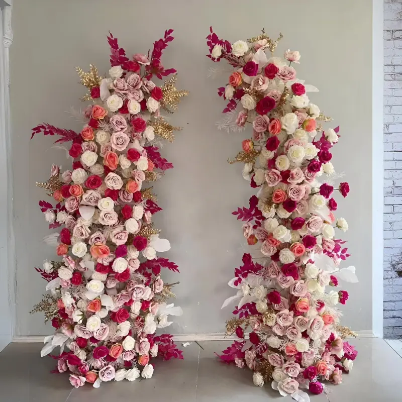 Blush Rose Floral Pillar Set – Champagne Gold Accent Flower Pillars