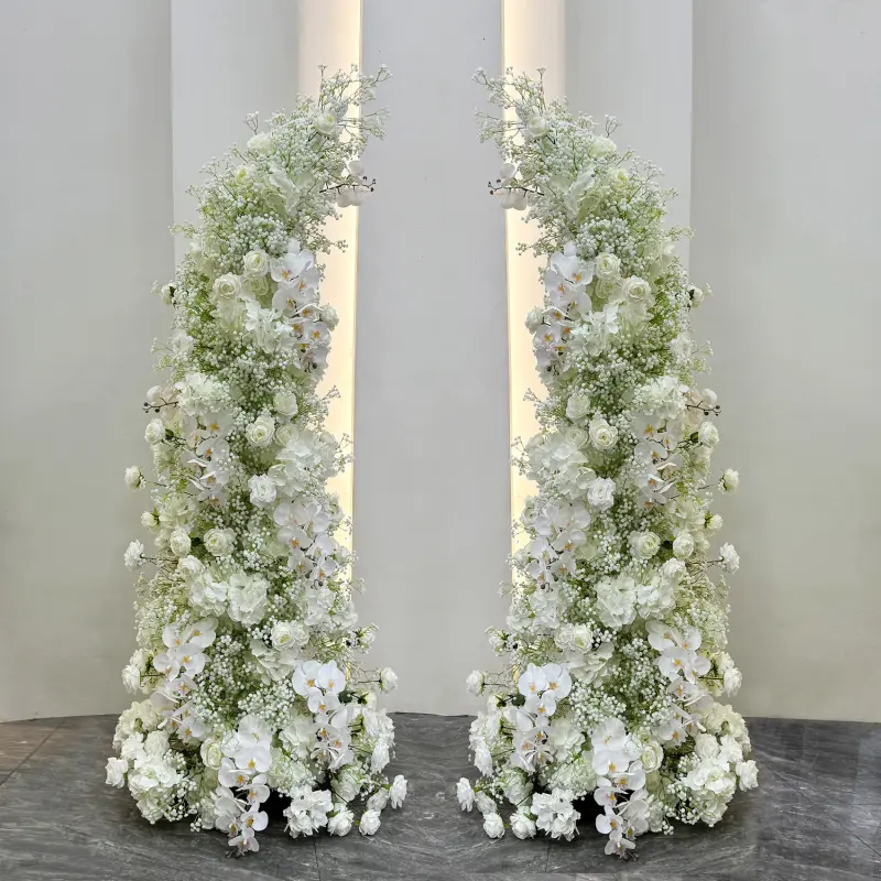White Phalaenopsis Orchid Crescent Arch – White Rose Baby's Breath Moon Gate