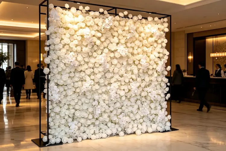 white flower wall backdrop with stand hotel lobby decor