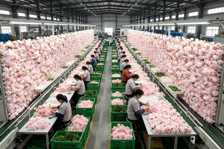 pink artificial flower wall factory production line