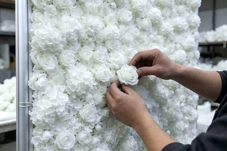 artisan handcrafting white floral backdrop